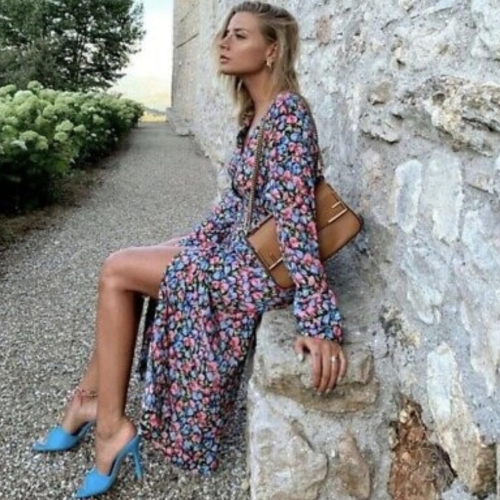 ZARA Pink & Purple Floral Printed Midi Dress